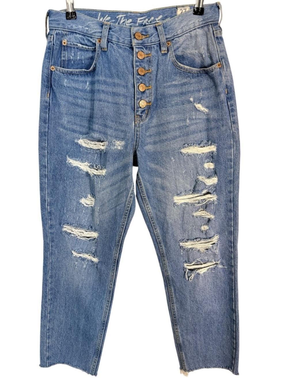 Free People We The Free Distressed Button Fly Jeans High Rise Cropped Size 27 - Picture 2 of 9